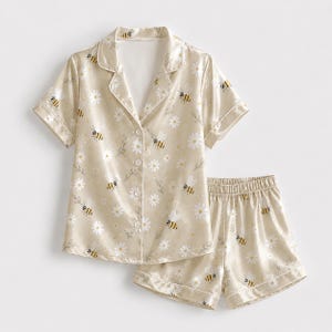 Honeybee Daisy Satin Pajama Set With Button Up Top And Soft Matching Sleepwear Bottoms