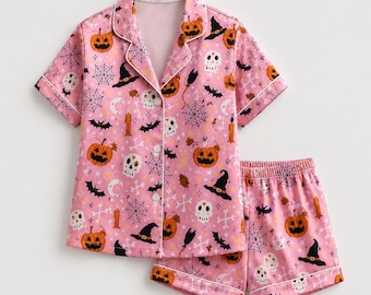 Vintage-Pyjama aus rosafarbenem Satin mit Halloween-Motiv, Retro-Schlafanzug mit gruseligem Print, gemütliches Herbst-Loungewear-Outfit