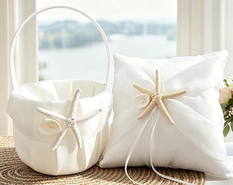 Hawaiian Starfish Flower Girl Basket & Ring Bearer Pillow, Pearl White Satin Beach Wedding Ceremony Set