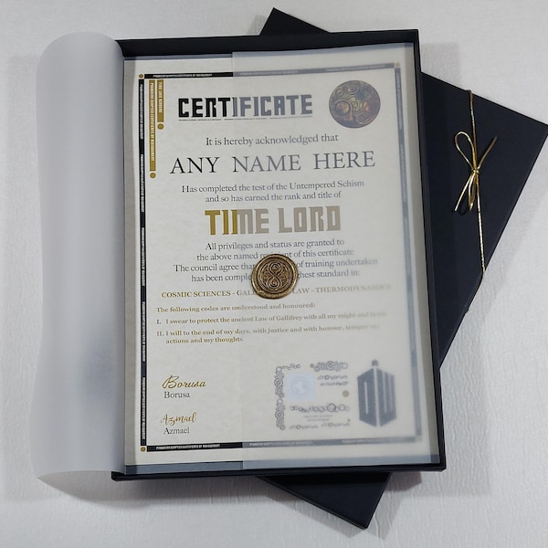 Lyxigt Doctor Who-certifikat med tidsherre i en lyxig presentask - Personligt med ditt valfria namn