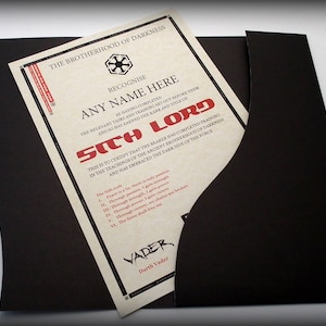 Sith Lord Certificate in a Luxury Presentation Folder - Personalised with any name - Star Wars Gift