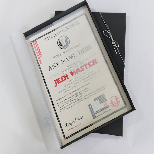 Deluxe Star Wars Jedi Master Certificate in a Luxury Gift Box - Personalised with the name of your choice