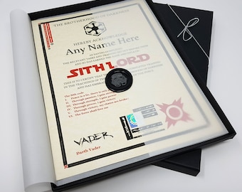 Certificat de luxe du Seigneur Sith dans une boîte cadeau de luxe - Personnalisé avec un nom quelconque - Cadeau Star Wars
