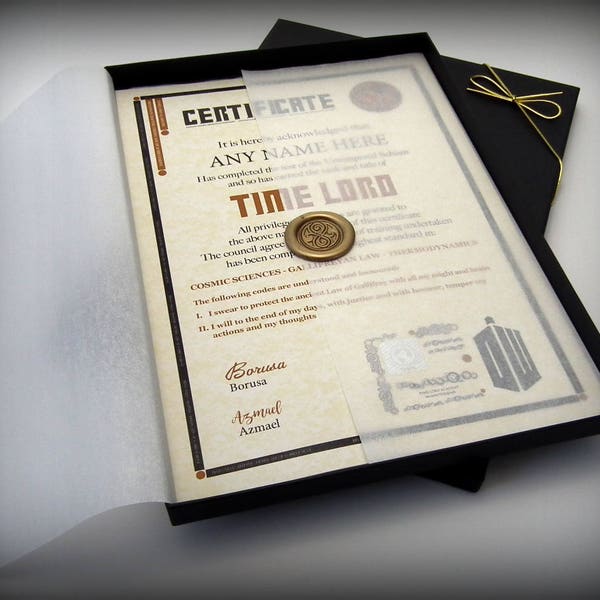 Deluxe Doctor Who Time Lord Certificate in a Luxury Gift Box -  Personalised with the name of your choice