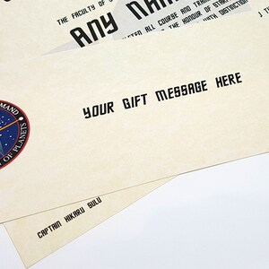 May include: A Star Trek themed gift certificate with a blue and orange Starfleet Command logo, the text "United Federation of Planets", and the text "Your Gift Message Here". The certificate also includes the text "Captain Hikaru Sulu".