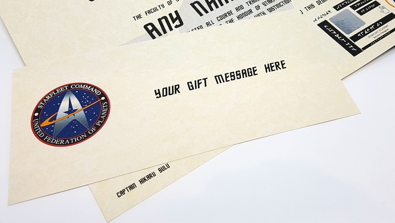 May include: A Star Trek themed gift certificate with a blue and orange Starfleet Command logo, the text "United Federation of Planets", and the text "Your Gift Message Here". The certificate also includes the text "Captain Hikaru Sulu".