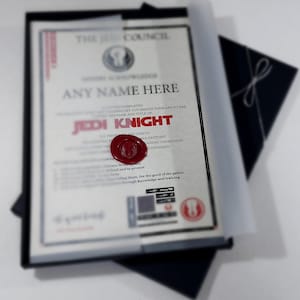 Star Wars Jedi Knight Certificate in a Luxury Gift Box - Personalised with your chosen name. Step out onto the Jedi Path today.