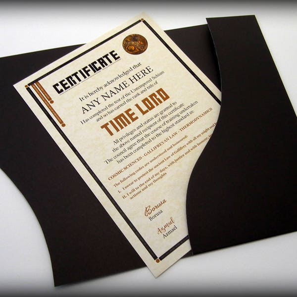 Doctor Who Time Lord Certificate in a Luxury Presentation Folder - Personalised with the name of your choice