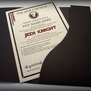 Star Wars Jedi Knight Certificate in a Luxury Presentation Folder - Personalised with the name of your choice