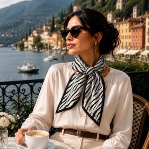 Puede incluir: Una camisa blanca de manga larga con botones combinada con un pañuelo de cuello con estampado de cebra en blanco y negro. El pañuelo está anudado en el centro del cuello. La camisa tiene cuello y está metida en un cinturón de cuero marrón.