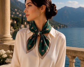 Green Horse Print Mulberry Silk Scarf, 53x53 cm Square Silk Scarf, Equestrian Neck Scarf, Hair Scarf, Bag Scarf, Gift for Her