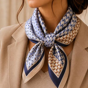 May include: A square silk scarf featuring a multi-panel design with blue and white geometric patterns, including a dotted grid and a chain-link motif, finished with a dark navy blue border and a light beige edge, tied in a knot around the neck.