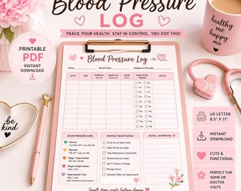 Cute Blood Pressure Log Printable | Wellness Tracker PDF | Hypertension Monitor | Instant Download | Health Planner for Women | 5 PDF Files