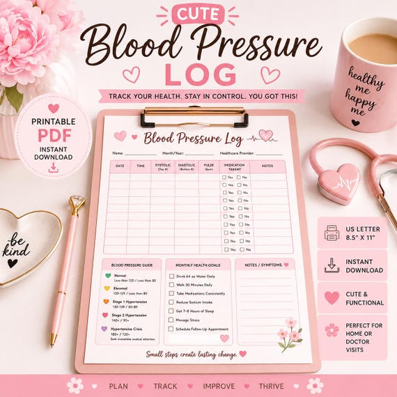 Cute Blood Pressure Log Printable | Wellness Tracker PDF | Hypertension Monitor | Instant Download | Health Planner for Women | 5 PDF Files