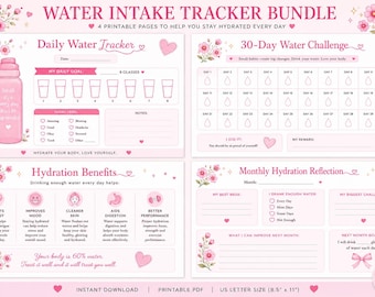 Water Intake Tracker Bundle | Daily Hydration Challenge, Wellness Planner (PDF Download)