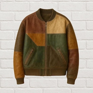 Patchwork Leather Bomber Jacket, Oversized Vintage Bomber Coat, Unisex Streetwear, Upcycled Genuine Leather Jacket for Men Women Gift