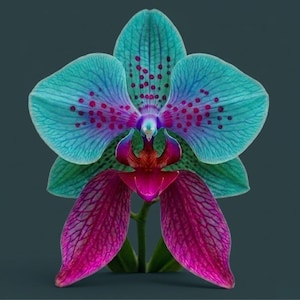 May include: A Phalaenopsis orchid flower featuring vibrant turquoise upper petals with distinct magenta spots. The lower petals are a deep, saturated magenta with visible vein patterns, and the central column displays a mix of red and purple hues.