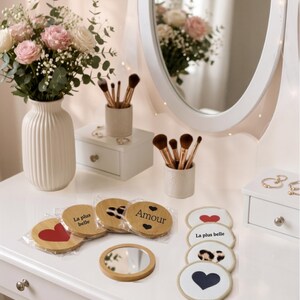 Miroir de Poche Bambou et Coton Démaquillant Réutilisable Assorti, Coffret Soin Écoresponsable, Idée Cadeau Femme Cœur Léopard Amour