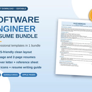 Software Engineer Resume Template Bundle | ATS Friendly Developer CV Word | Tech Cover Letter & References | IT Resume | Instant Download