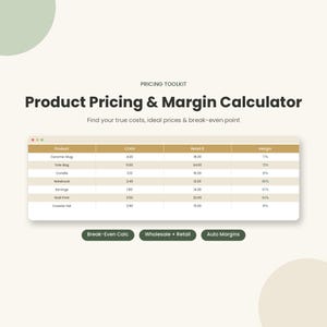 May include: A digital product pricing and margin calculator toolkit featuring a table with columns for product, COGS, retail price, and margin. The table lists items like ceramic mug, tote bag, candle, notebook, earrings, wall print, and coaster set.