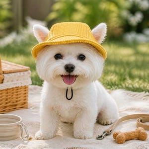 Puede incluir: Un perro pequeño de pelaje blanco y esponjoso que lleva un sombrero de pescador de pana amarillo brillante con una correa negra para la barbilla. El perro tiene ojos oscuros y una lengua rosa visible. El sombrero tiene tela acanalada texturizada.