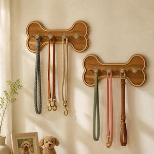 Könnte beinhalten: Zwei wandmontierte Leinenhalter aus Holz in Form von Hundeknochen. Jeder Halter hat eine dunkle Holzmaserung und fünf messingfarbene Haken, die jeweils mit einer kleinen runden Platte mit weißem Pfotenabdruck zum Aufhängen von Haustierzubehör versehen sind.