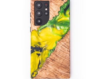 Galaxy S22 Ultra - Wood+Resin Live Edge Premium Wooden Case | Unique Phone Cover | Yellow and Green Splash