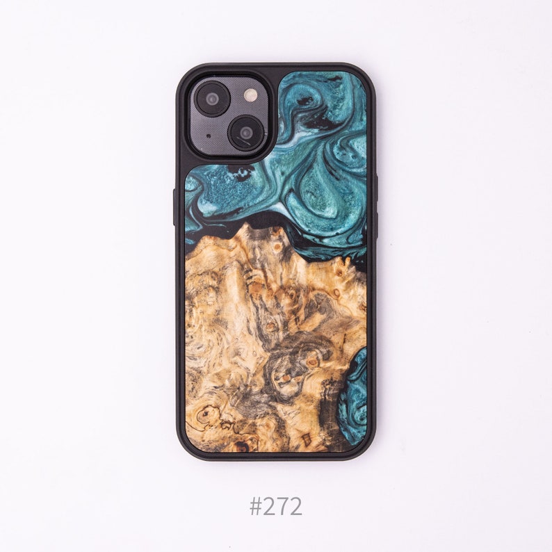 iPhone 13 WoodResin Traveler Protective Wooden Case Unique Phone Cover with MagSafe One-of-a-Kind, Natural Wood Burl Phone Cover #272 - Light Blue