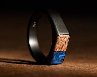 Signet Ring for Men | Wood + Resin Stainless Steel Signet Ring | One-of-a-Kind | Charcoal, Blue, Green, Teal & Gold