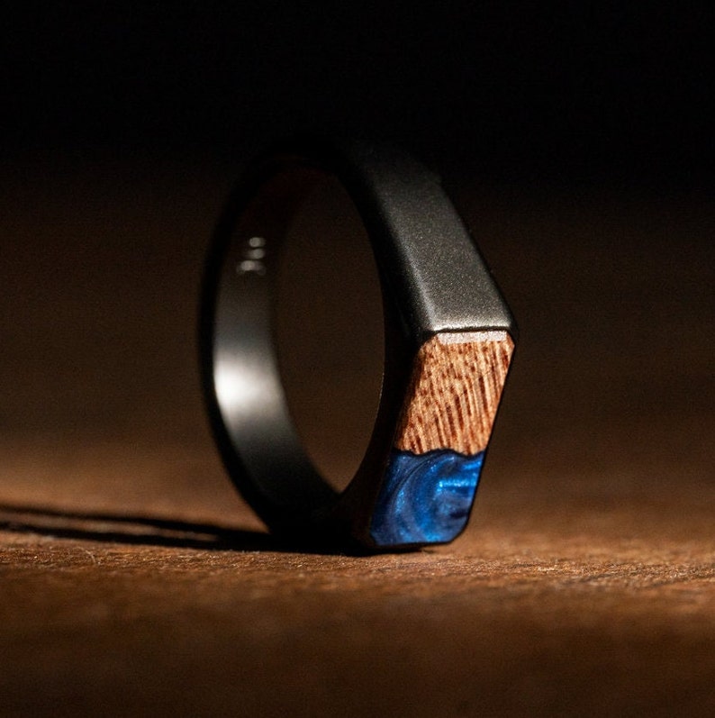 Signet Ring for Men Wood Resin Stainless Steel Signet Ring One-of-a-Kind Charcoal, Blue, Green, Teal & Gold image 1