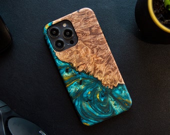 iPhone 14 Pro Max - Wood+Resin Live Edge Premium Wooden Case | Unique Phone Cover | Teal & Gold Waterfall