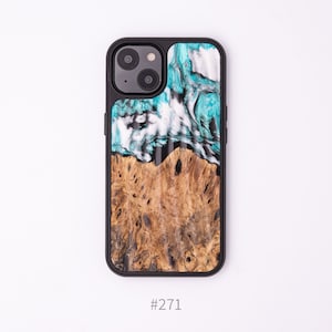 iPhone 13 WoodResin Traveler Protective Wooden Case Unique Phone Cover with MagSafe One-of-a-Kind, Natural Wood Burl Phone Cover #271 - Light Blue