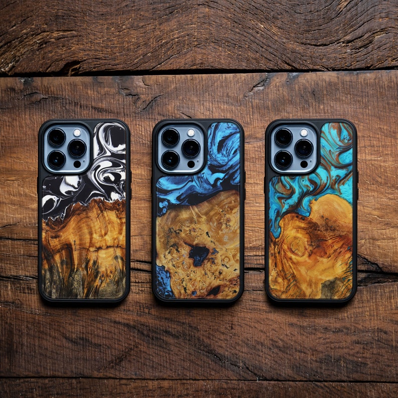 iPhone 13 Pro Wood Resin Traveler Protective Wood Case Magsafe Blue, Green, Teal and Gold, Black and White One-of-a-Kind image 1