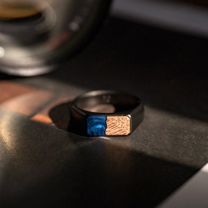 Signet Ring for Men Wood Resin Stainless Steel Signet Ring One-of-a-Kind Charcoal, Blue, Green, Teal & Gold Dark Blue