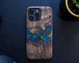 iPhone 14 Pro Max - Wood+Resin Live Edge Premium Wooden Case | Unique Phone Cover | Teal & Gold River