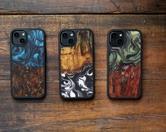 iPhone 14 Wood+Resin Traveler Protective Wood Case | Magsafe | Blue, Green, Teal Gold, Black & White | One-of-a-Kind