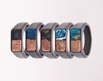 Wood+Resin Stainless Steel Signet Ring | One-of-a-Kind | Charcoal, Blue, Green, Teal & Gold | Ships with Gift Box