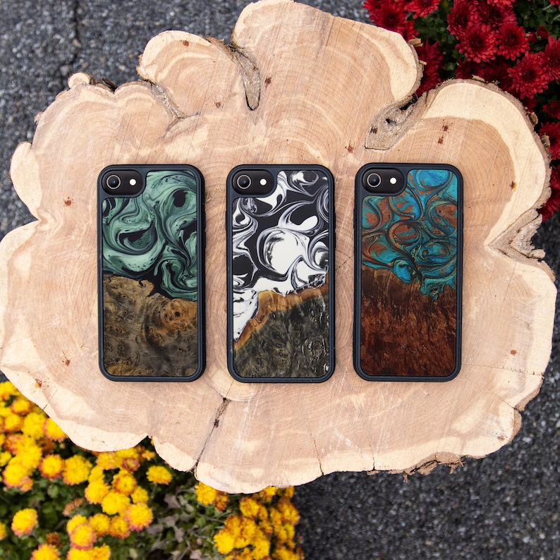 iPhone 8 / 7 / 6/6s WoodResin Traveler Protective Wood Case Blue, Green, Teal Gold, Black & White image 1