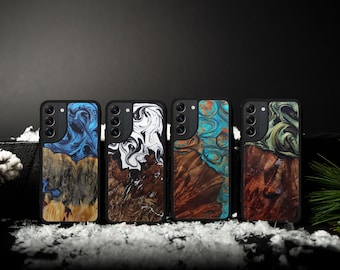 Galaxy S25, S24, S23, S22, Plus, Ultra - Wood+Resin Traveler Protective Wood Case | Blue, Green, Teal Gold, Black & White | One-of-a-Kind |