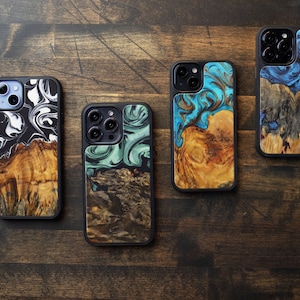 iPhone 16 / 15 / 14 / 13 / 12, Pro, Max, Plus | Wood+Resin Traveler Protective Wood Case | Magsafe | Blue, Green, Teal, B+W, Burl on Bottom
