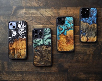 iPhone 16 / 15 / 14 / 13 / 12, Pro, Max, Plus | Wood+Resin Traveler Protective Wood Case | Magsafe | Blue, Green, Teal, B+W, Burl on Bottom