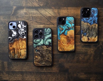 iPhone 15 / 14 / 13 / 12, Pro, Max, Plus | Wood+Resin Traveler Protective Wood Case | Magsafe | Blue, Green, Teal, B+W, Burl on the Bottom