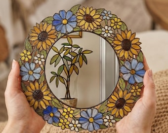 Custom Size Floral Stained Glass Round Mirror, UV Printed Real Translucent Glass Wall Hanging, Boho Floral Home Decor, Housewarming Gift