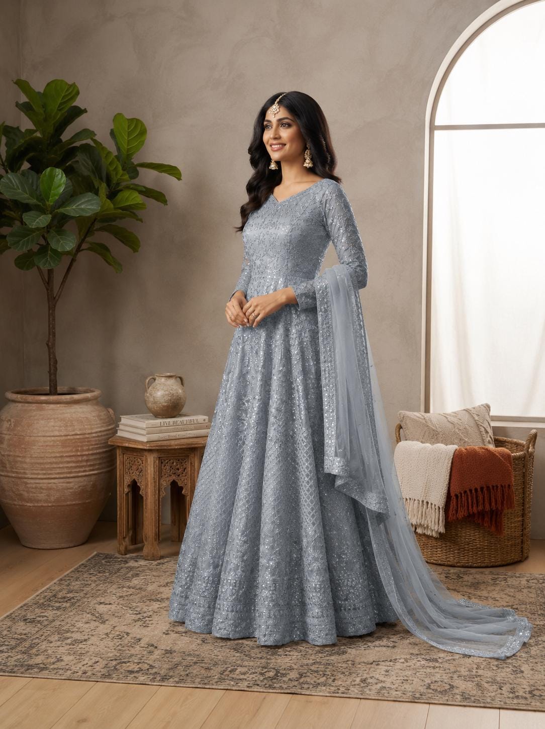 steel grey color dress Bridesmaid modest wear
