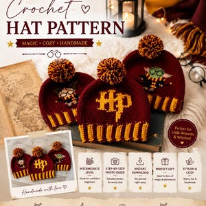3er-Pack Häkelanleitungen für Zauberermützen (PDF) | Fantasy-Cosplay-Mütze | Anleitung für Kopfbedeckungen für Zauberschulkostüme