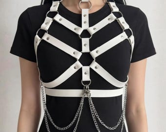 Chain Chest Harness | Gothic Vegan Leather Body Accessory | Adjustable Punk Streetwear Outfit