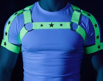 Men's Fluorescent Star Chest Harness with Arm Bands – UV Reactive Bodywear (Pride Outfit)