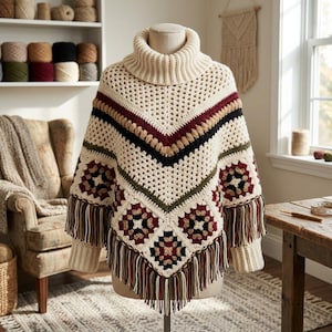 Puede incluir: Un poncho de ganchillo color crema con cuello de tortuga acanalado y mangas largas. La prenda presenta un patrón geométrico con rayas en zigzag en burdeos, negro y verde oliva, acentuado por motivos cuadrados y flecos largos.