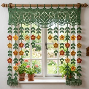 May include: A green crochet window valance featuring a decorative top border with intricate patterns and hanging vertical strands. Each strand displays green leaves and small, three-dimensional flowers in shades of yellow and orange.