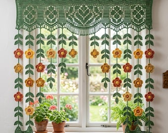 Crochet Curtain Pattern PDF, Floral Lace Curtain, Flower Garden Window Decor, Filet Crochet Curtain, Cottagecore Home Decor, Digital pdf.